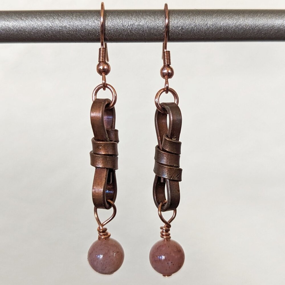 Southwestern Mauve Pink Moonstone Copper Knot Dangle Earrings